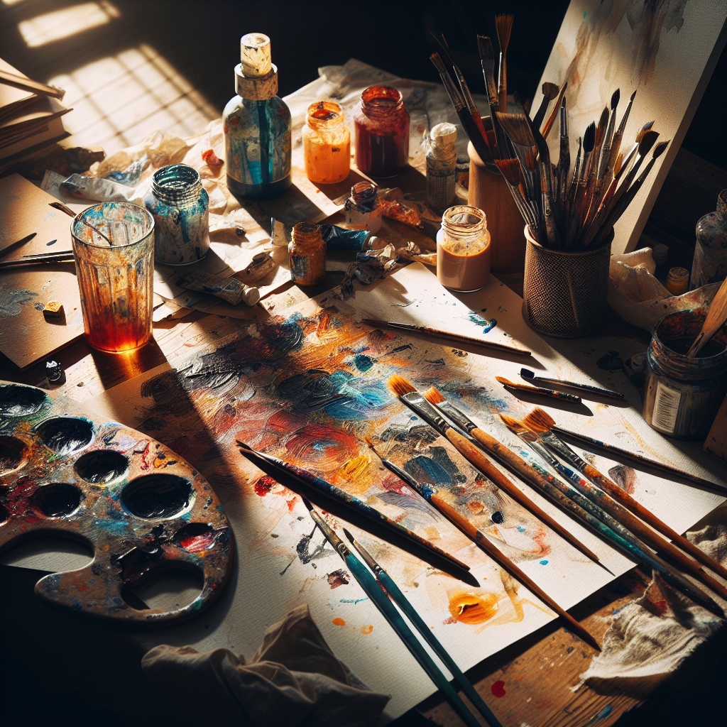 Et kreativt atelierbord med malingsflekker: pensler, palettkniv, akrylfarger og akvarellpapir, varmt naturlig lys, teksturdetaljer, moderne kunstnerisk stil.