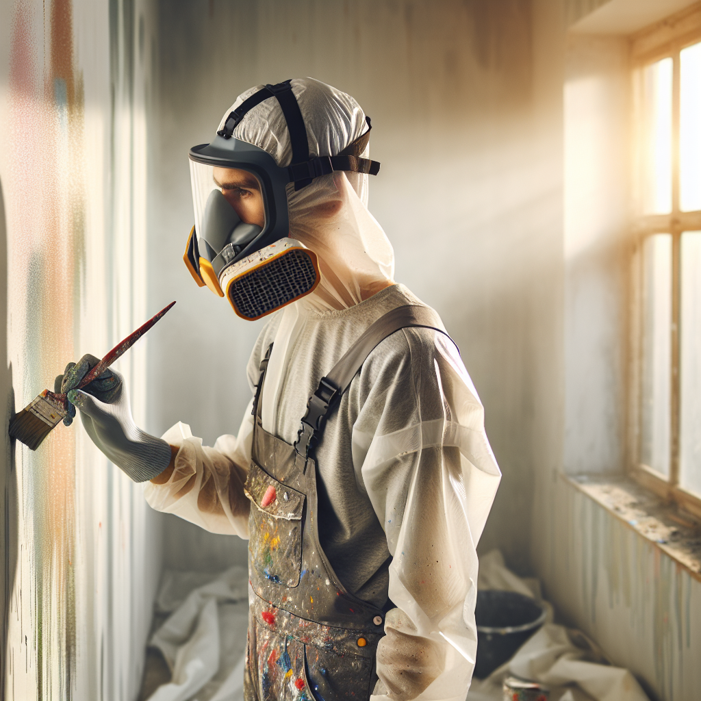 En profesjonell maler i verneutstyr som maler en vegg innendørs, med god ventilasjon og tydelig verneutstyr, realistisk stil, fokus på sikkerhet og arbeidsmiljø