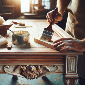 Nærbilde av et gammelt trebord som blir pusset og malt i et lyst verksted, verktøy som pensel, slipepapir og spann med maling i bakgrunnen, stilren og naturlig belysning